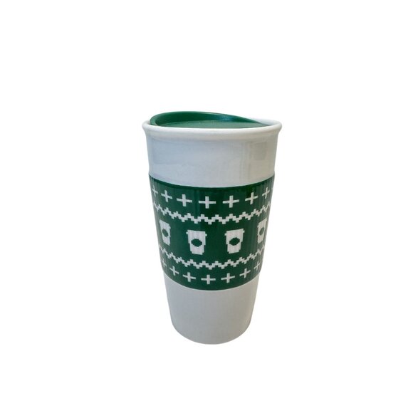 Starbucks Green Sleeve 2016 Holiday Ceramic Travel Mug Cup Tumbler 10 oz Rare - Picture 3 of 5